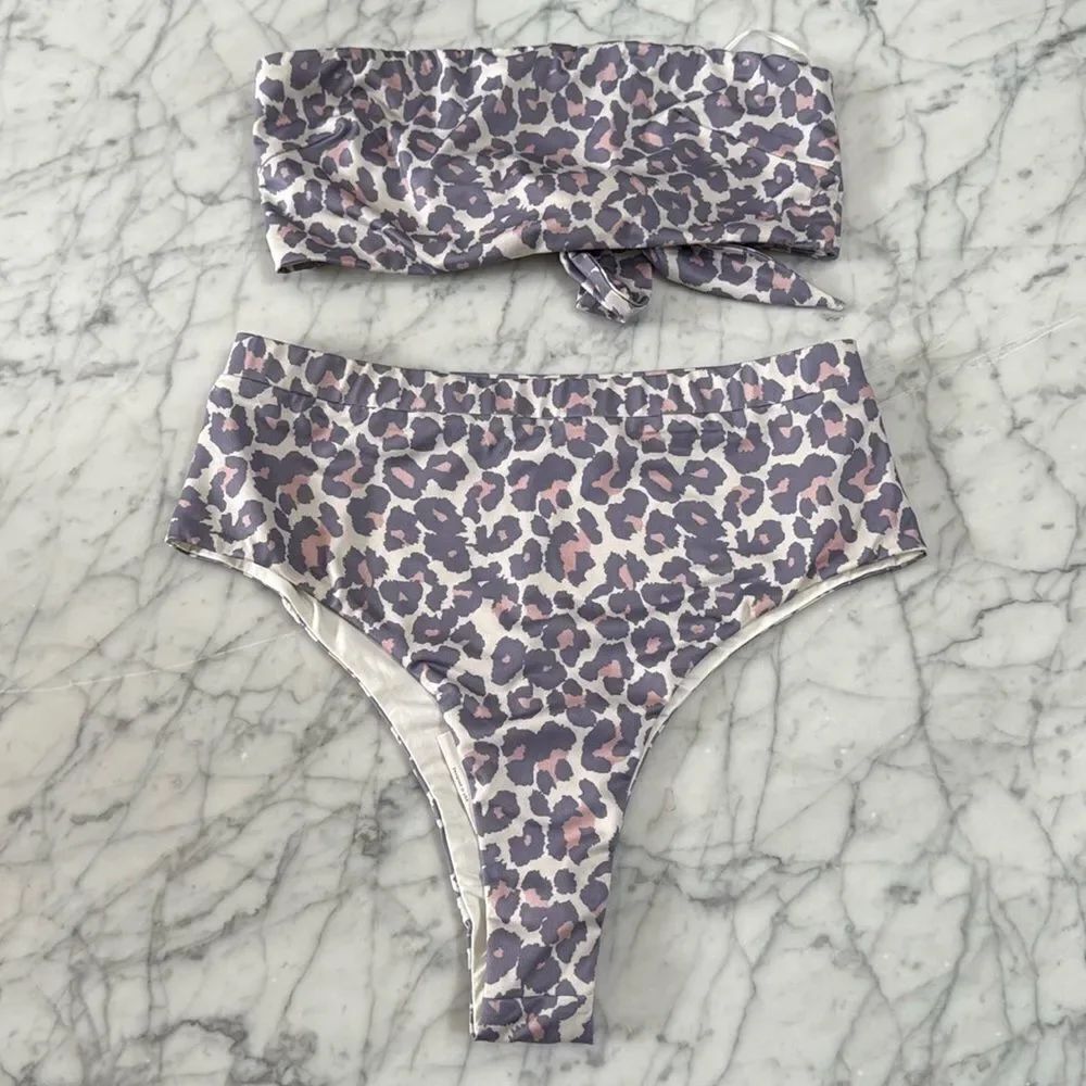 NWT ByEgreis Purple Leopard Bikini Kari Bottom (M) Bandeau Top (S)